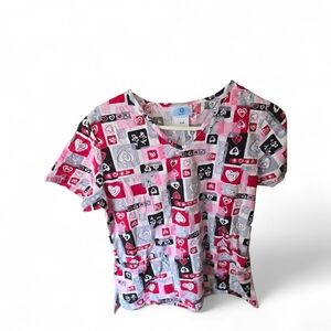Colorful Heart Pattern Scrub Top